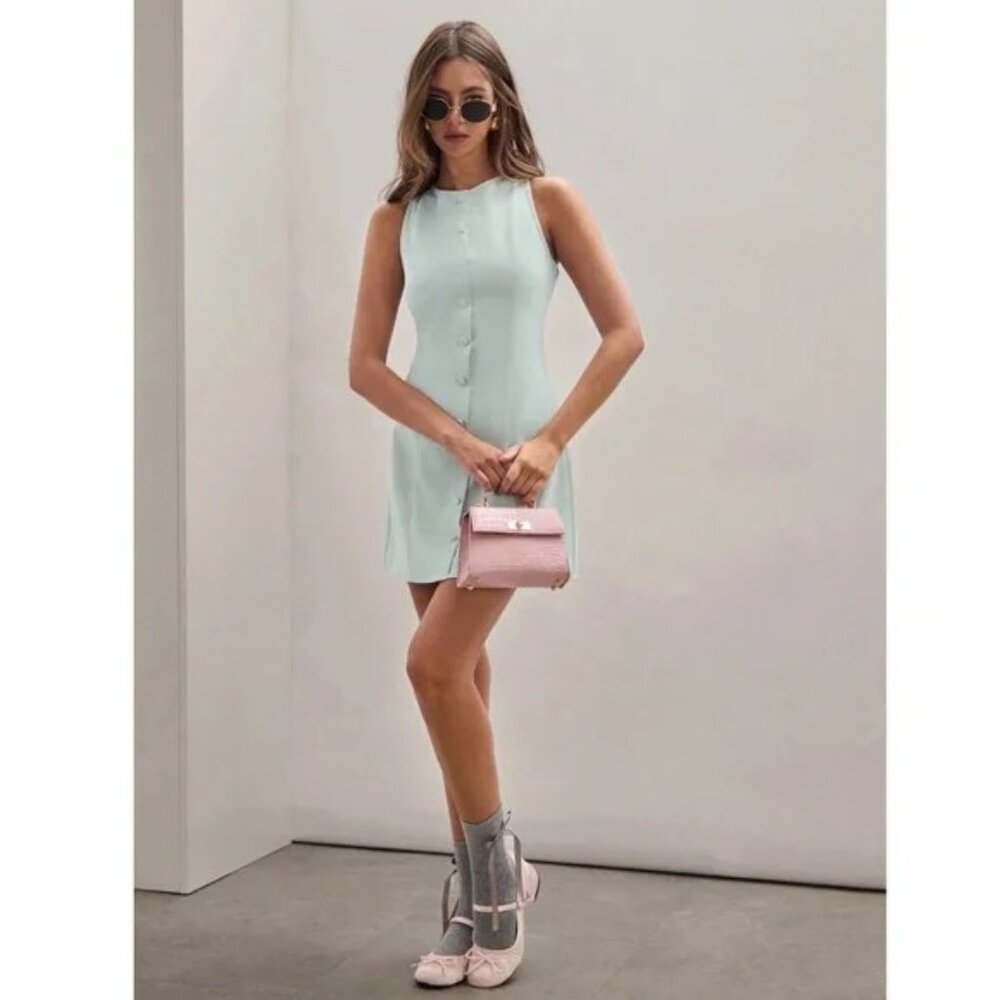 Mint Green Short Button Through Mini Dress Sleeveless - Picture 4 of 7